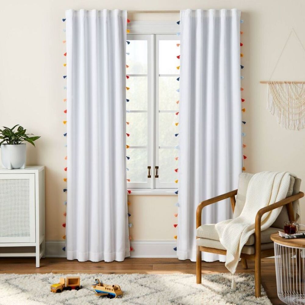 95" Blackout Tassel Kids' Curtain Panel White - Pillowfort